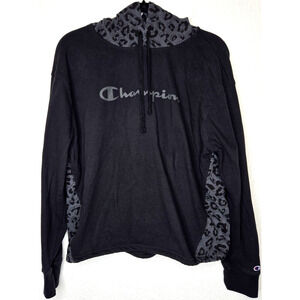 Champion Womens Hoodie Sweatshirt Large Black Grey Leopard Print Pullover Knit